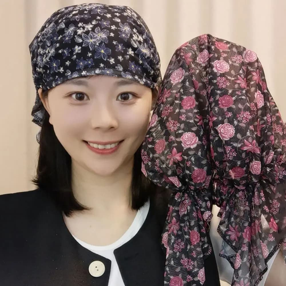 Floral Print Turban Bandana Thin Material Sun Protection Chemotherapy Hat Floral Pattern Ribbon Design