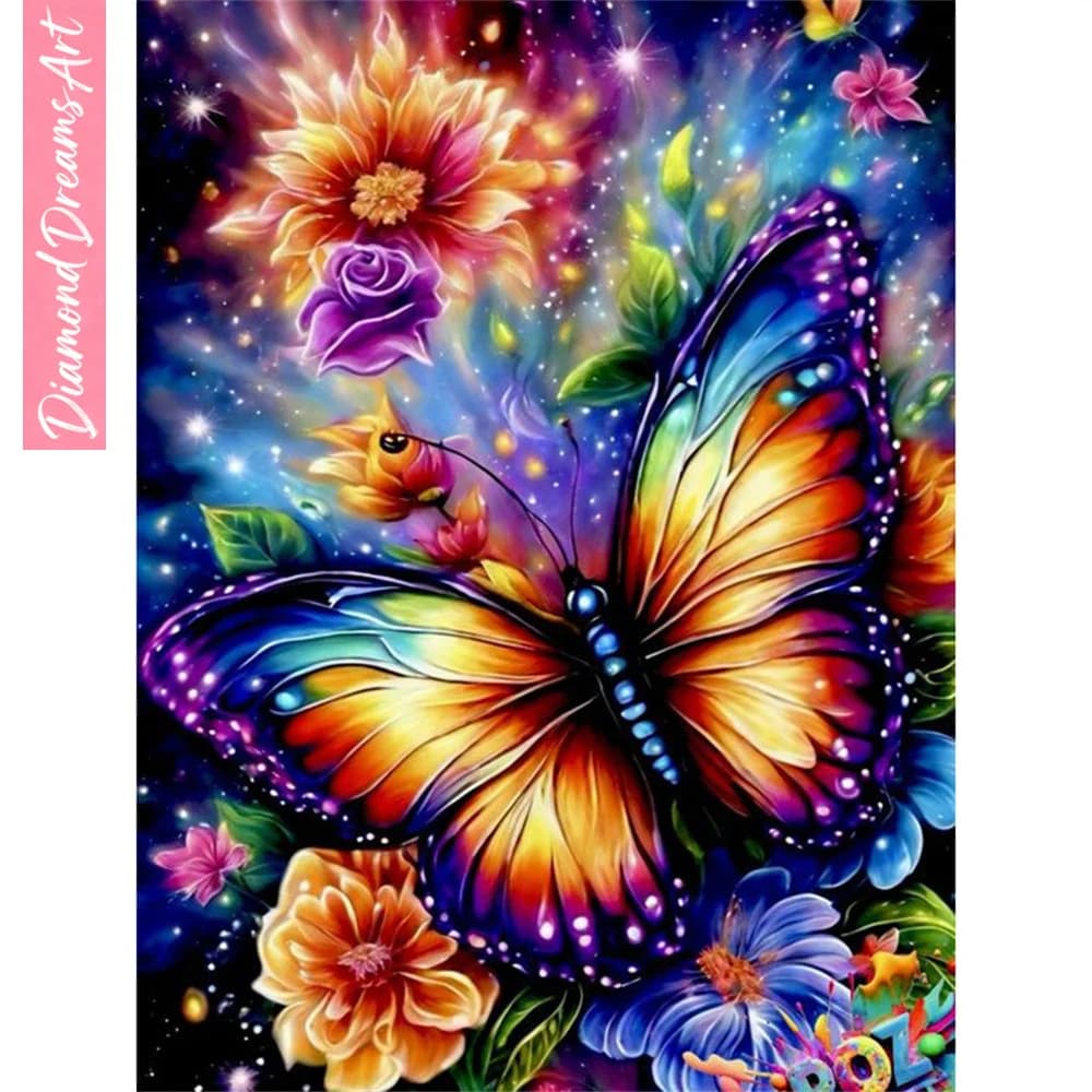 Quadro Diamond Painting 5D con Strass, Motivo Animale e Farfalla, Mosaico Floreale Fantasia, Decorazione Murale Fai da Te, Hobby Artigianale, Senza Cornice