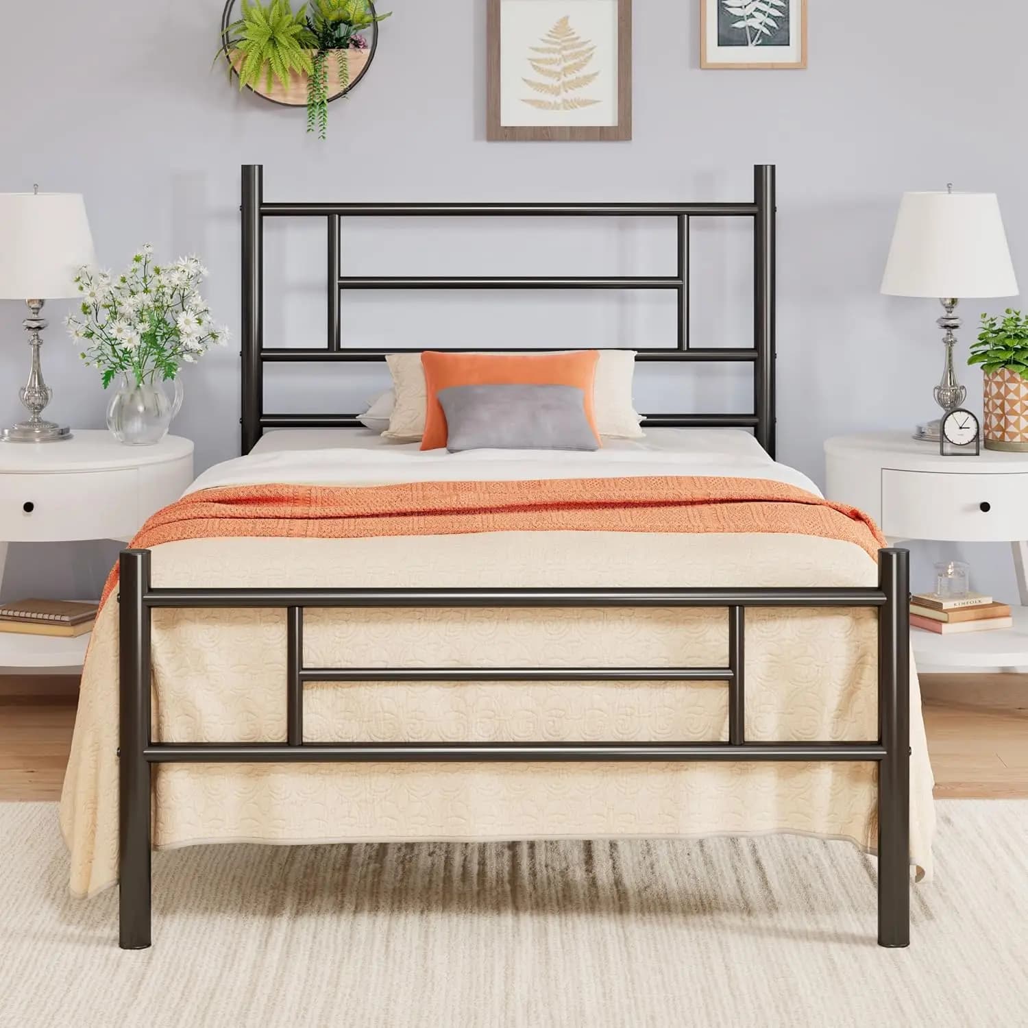 14 Inch Twin Size Metal Platform Bed Frame with Headboard and Footboard, Underbed Storage, Strong Metal Slats Support, Mattress Foundation, No Box Spring Needed, Easy Assembly, Black