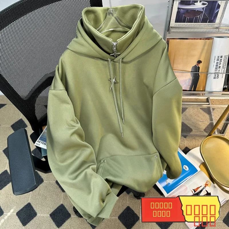 Metallic Hoodie High Collar Men's Loose Fit Heavyweight Fleece Lined Casual Jacket Streetwear Style Autumn Outerwear