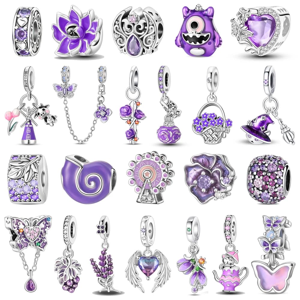 Hot Sale 925 Sterling Silver Ferris Wheel Beads & Rose & Grapes Dangle Charm Fit Bracelet Boutique Necklace Purple Pendant Gift