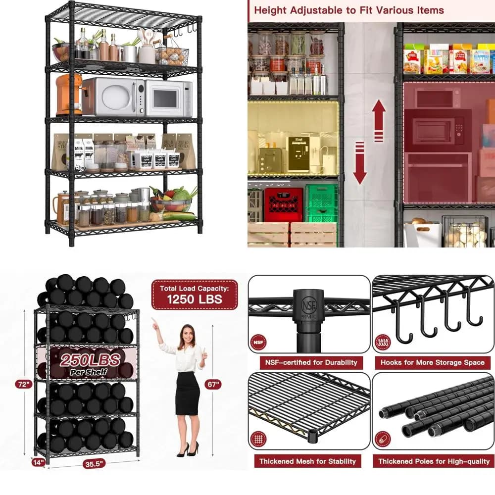 Metal storage shelves with NSF certification resistant and adjustable at 5 levels for garage, steel organizer rack