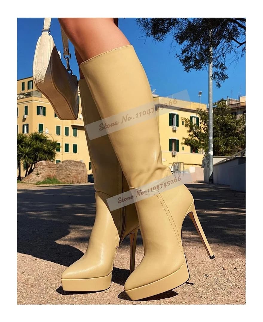 Stivali alti al ginocchio con plateau e tacco alto sottile opaco nudo Stivali alti eleganti con tacco a spillo Stivali alti Autunno Inverno Scarpe eleganti da esterno