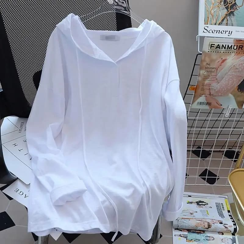 2023 nuova primavera e autunno moda semplice casual allentato solido oversize Bf pigro di media lunghezza manica lunga con cappuccio T-shirt da donna