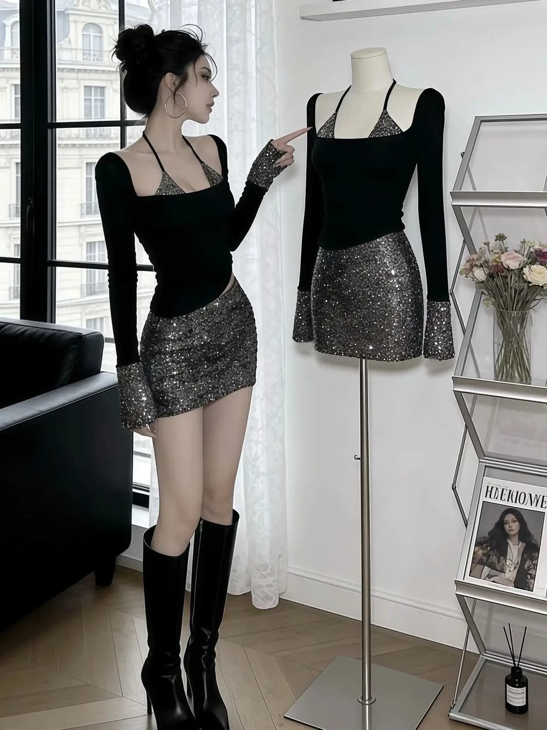 Completo da donna 2 pezzi con top nero a collo quadrato e minigonna bodycon con paillettes pesanti, outfit sexy alla moda
