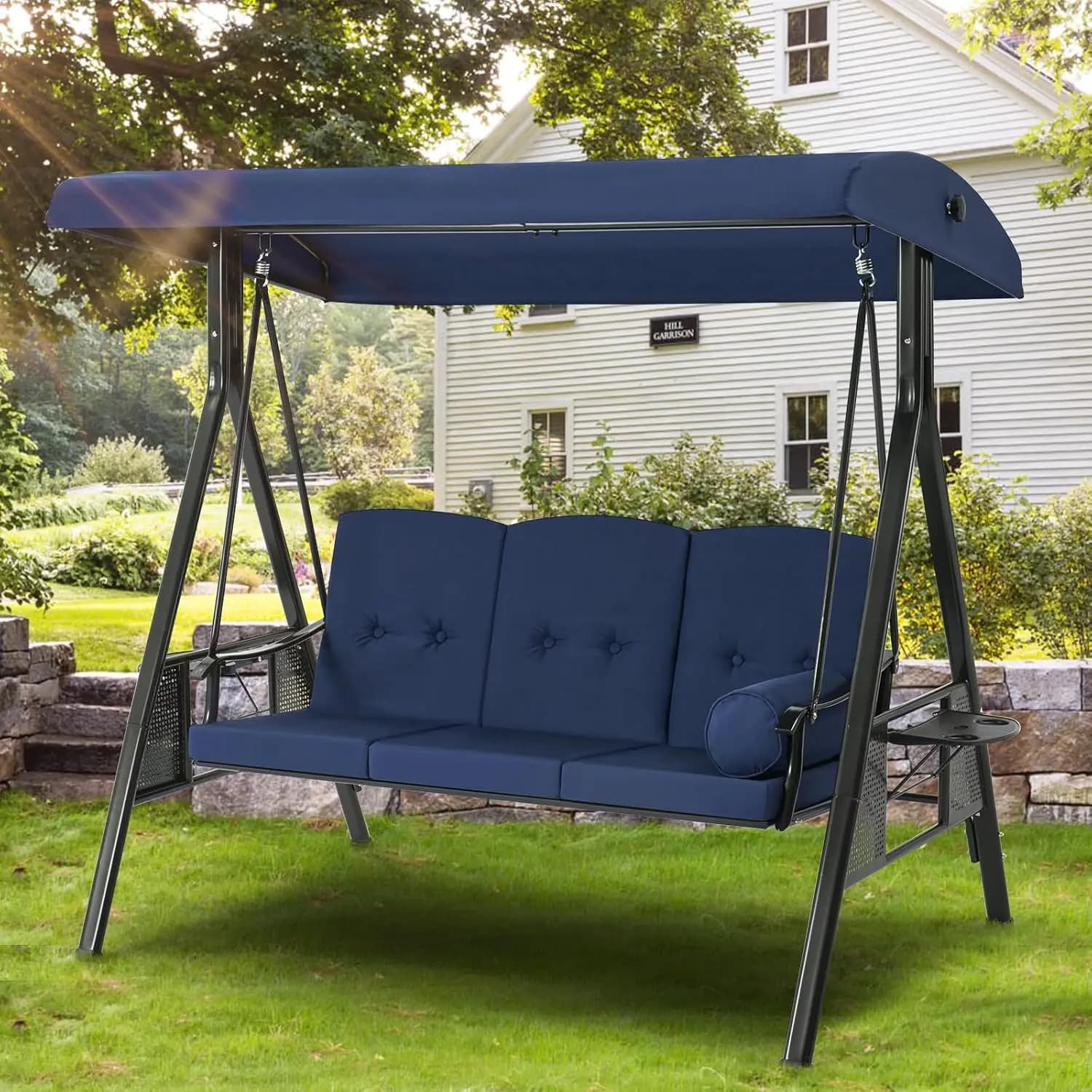 3-seat pen with support, removable cushions, outdoor roof, for patio, garden, steel frame, customizable