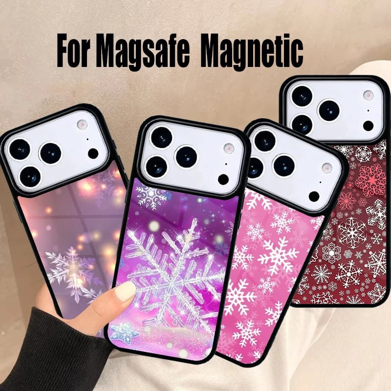Cover Magnetica Wireless Magsafe Rosa con Fiocchi di Neve Natalizi per iPhone 17 Air 16e 15 14 13 12 11 Pro Max Plus