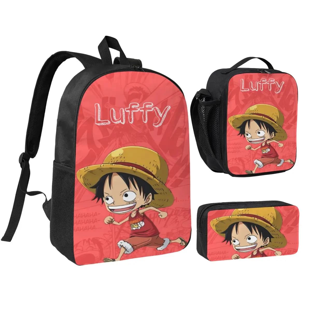 Set di 3 zaini scolastici Luffy One Piece per ragazze e ragazzi, astucci, set di zaini con borsa termica per studenti.