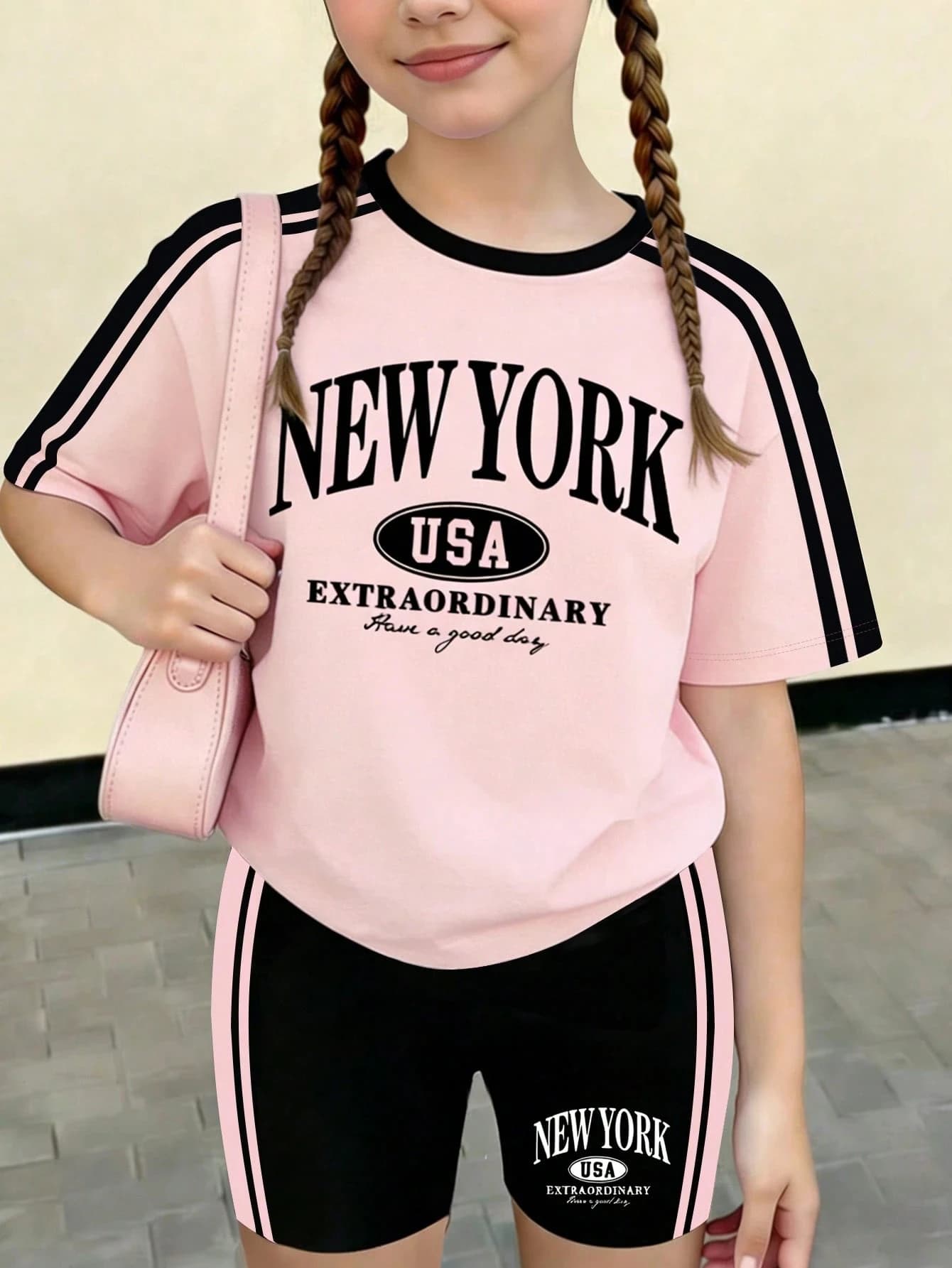 Children's Girl Light Pink Black Striped Round Neck T-shirt with New York Letter Print Matching Black Pink Side Striped Shorts