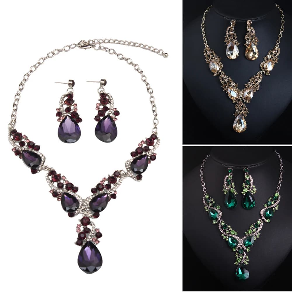 Set di gioielli da ballo per feste formali da sposa con gocce d'acqua, set di orecchini con collana da sposa con strass di cristallo, bavaglini girocollo