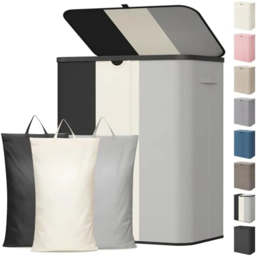 3 Section Laundry Hamper with Lid, /Gray/ Large Foldable Laundry Sorter with 3 Removable Bags, Tall Clothes Hamper for Bedroom