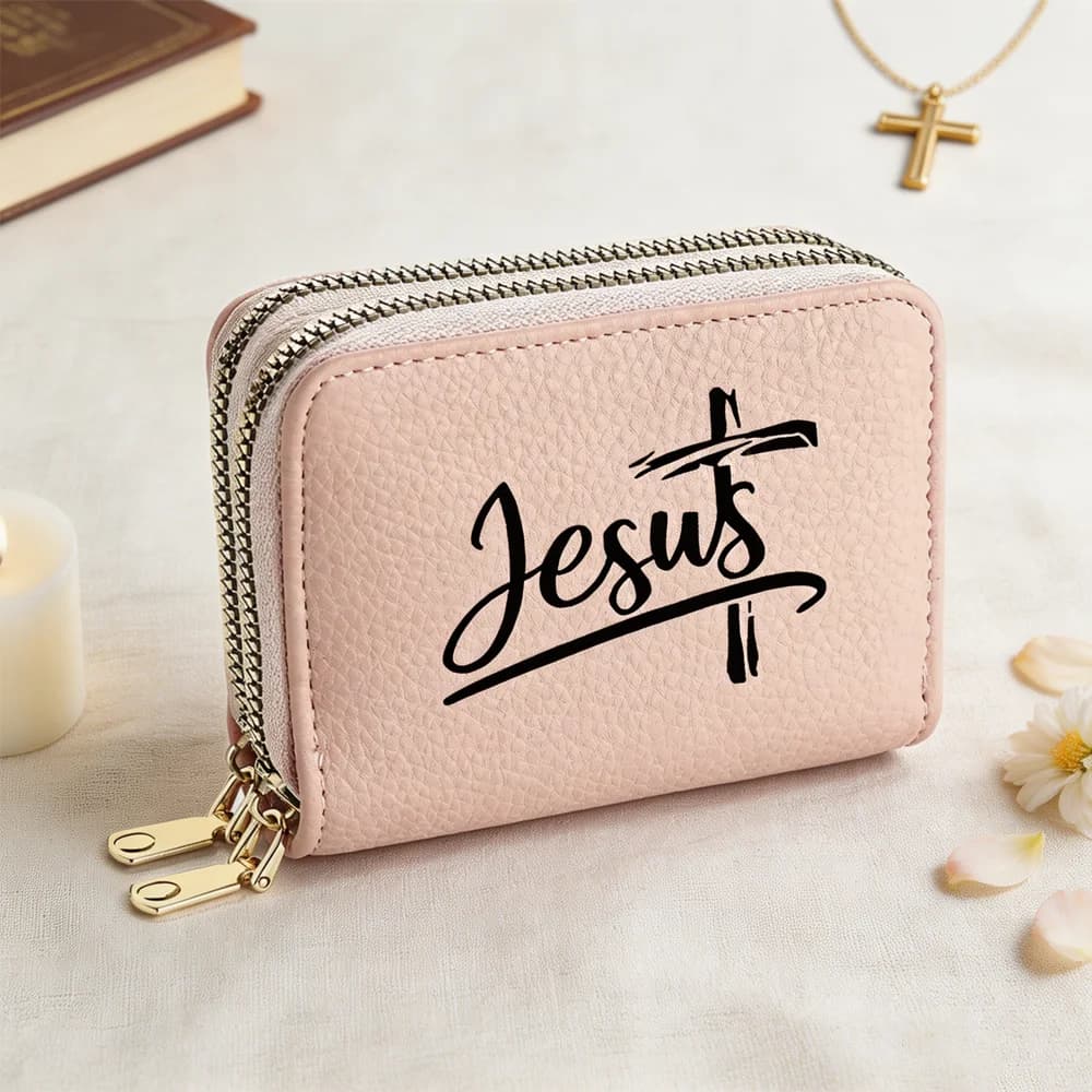 Jesus Letter Print Ladies Wallet Double Zipper Large Capacity Portable Multi-Functional Money Holder Simple Design