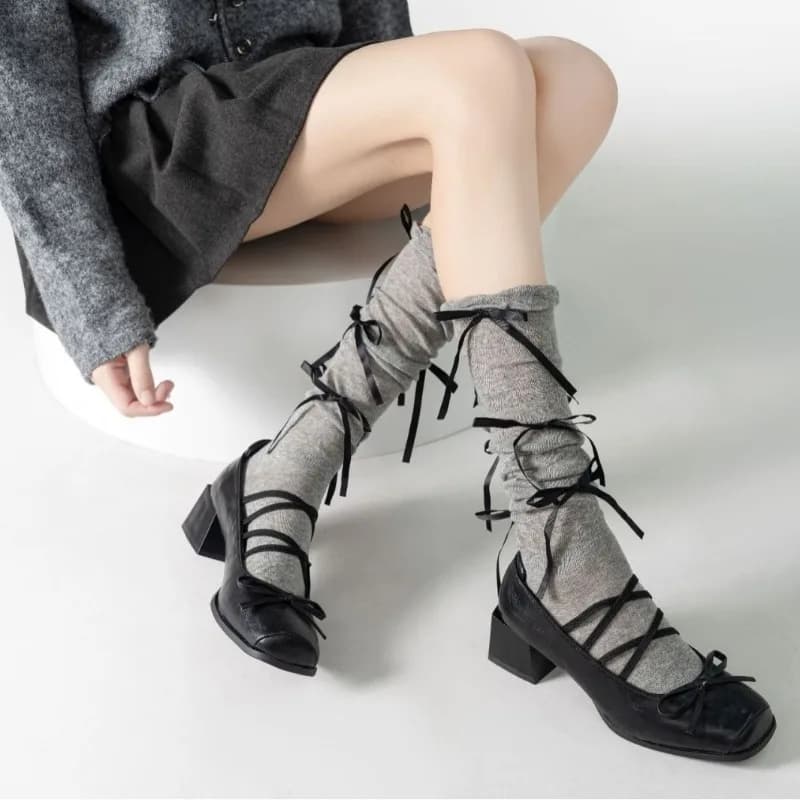 Women Slouch Mid Calf Socks Multi Black Ribbon Bow Stretchy Cotton Sweet Goth Daily Party Mary Jane Shoes Hosiery
