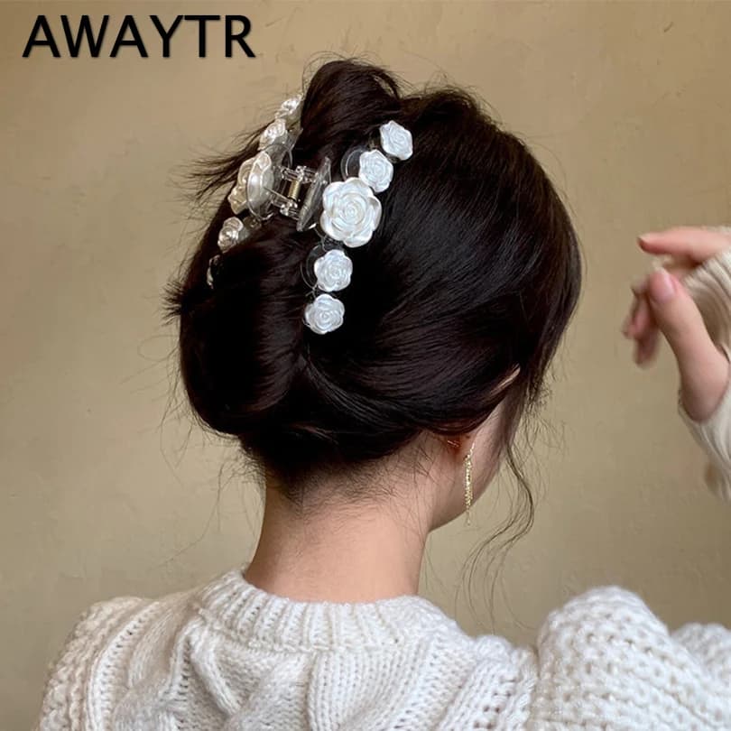 AWAYTR sposa elegante bianco rosa fiore artigli per capelli fermaglio per capelli copricapo floreale tornante accessori per capelli da sposa ornamento