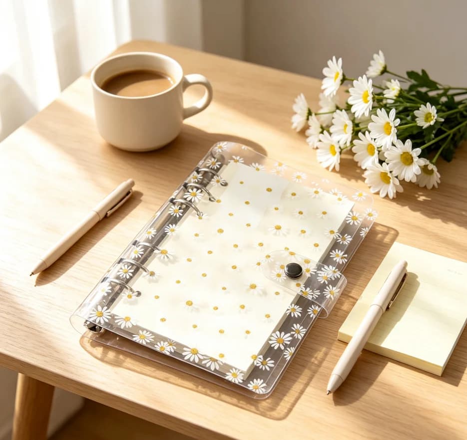 Cute Daisy Journal Notebook, Transparent PVC Cover, A6 Binder Sleeve