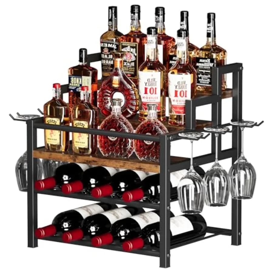 Espositore per Bottiglie di Liquori a 5 Ripiani, Contiene fino a 20 Bottiglie, Portabottiglie da Bancone con 6 Portabicchieri, Mini Mobile Bar