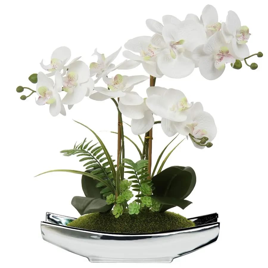 Artificial Orchids, 15 Orchids Phalaenopsis Bianche with Silver Vases, Orchid Plant Finta al Tatto Realistico per Casa, Office, Living Room