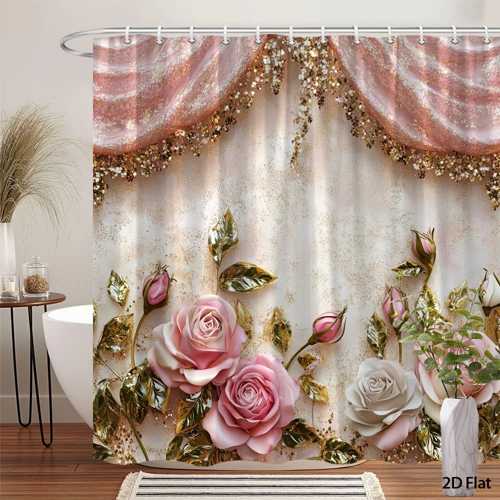 Tenda da Doccia 2D Piatta Dorata Rosa Floreale, Lussuosa Decorazione Romantica per il Bagno, Design Ornato con Paillettes a Rosa, Tessuto in Poliestere con 12 Ganci, Varie Misure, Impermeabile, Lavabile in Lavatrice, Tenda da Bagno dall'Estetica Opulenta, Decorazione per la Casa e il Bagno