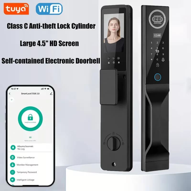 1pc 3D Facial Recognition Palm and Fingerprint Lock, Automatic Video Intercom Smart Door Lock, Home Electronic Password Smart Lock, Supports Conversion Between 22 Languages, Black