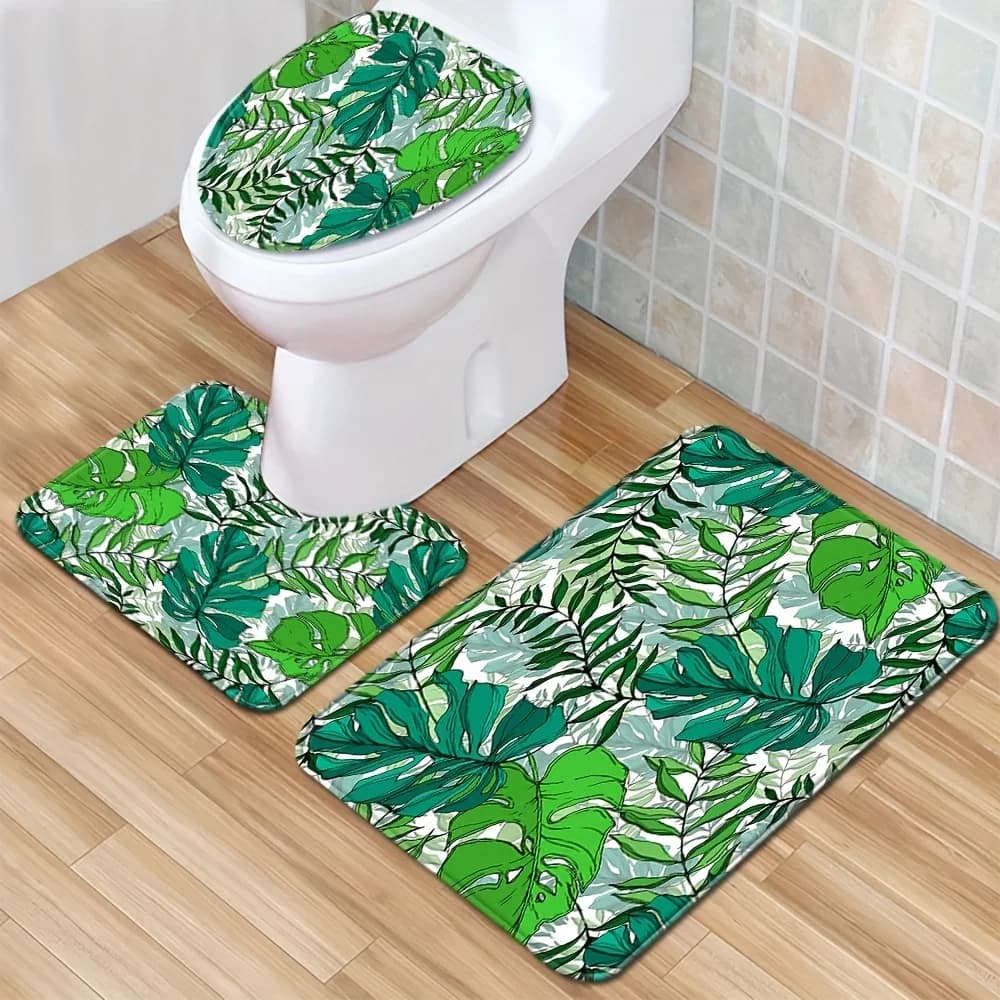 Set Tappeti Bagno 3 Pezzi Foglia Verde Sfondo Bianco Antiscivolo Assorbente, Copriwater e Tappeto a U Decorativo