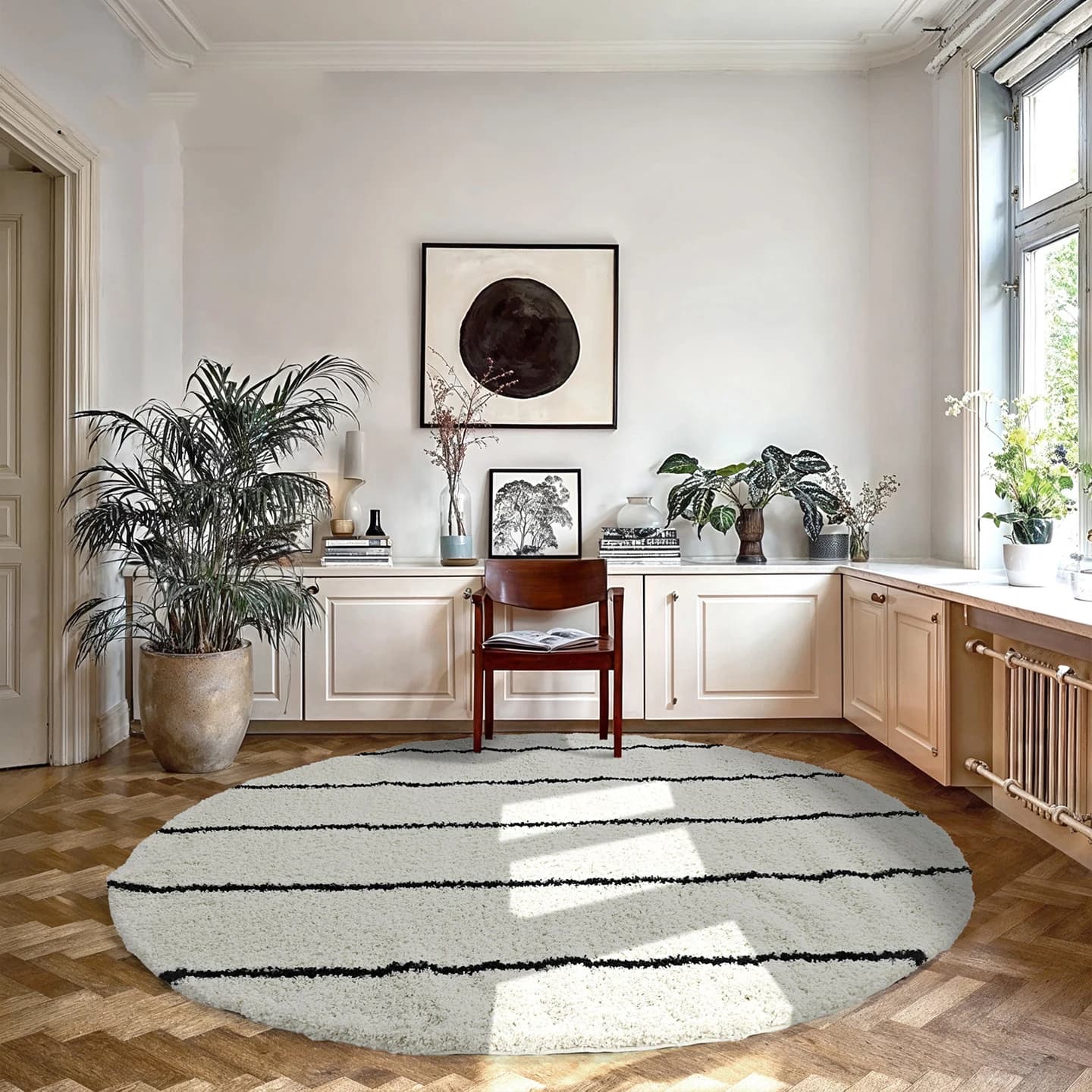 Tappeto Rotondo Beige con Linee Nere Semplici, Morbido Tappeto in Peluche per Soggiorno, Camera da Letto, Stanza dei Bambini, Tappetino da Gioco, Grande Tappeto Spesso e Morbido