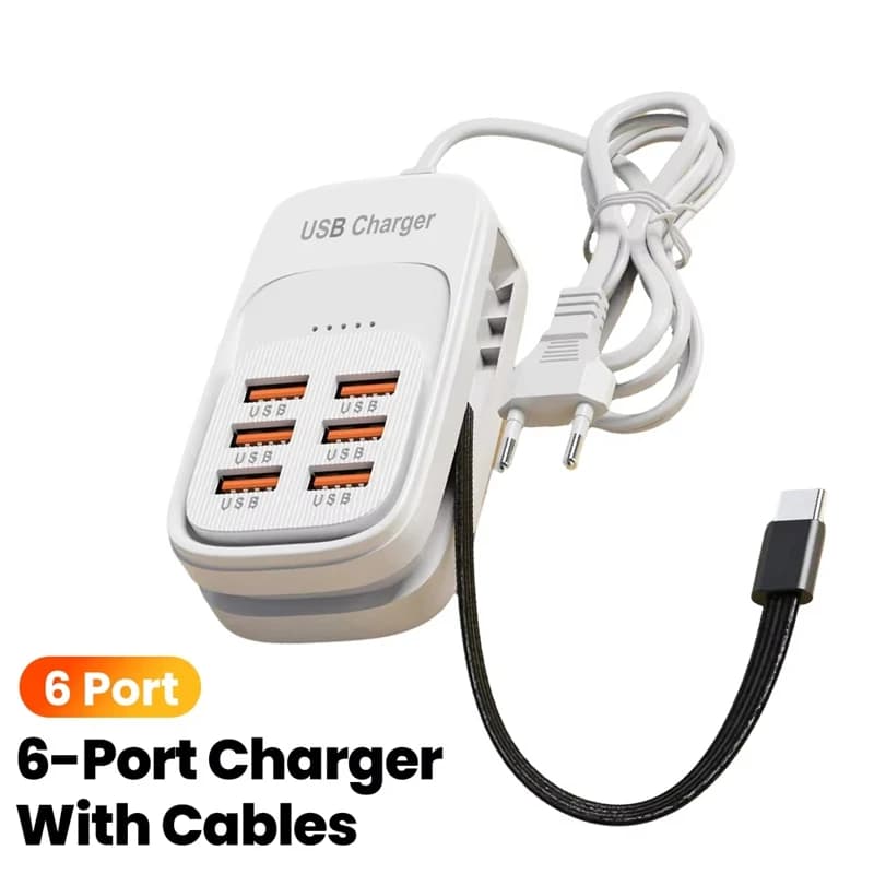 Caricatore USB 6 in 1 Veloce con 3PD 3USB, Stazione di Ricarica da Scrivania, Cavo di Ricarica Rapida, Adattatore USB HUB con Presa EU/UK/US
