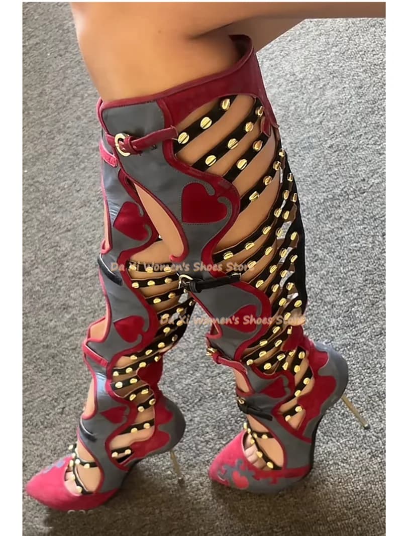 Gladiator Hollow Out Over The Knee Long Boots Heart-Shaped Splicing Rivet Decorate Luxurious Summer Sandals Belt Buckle Sandals
