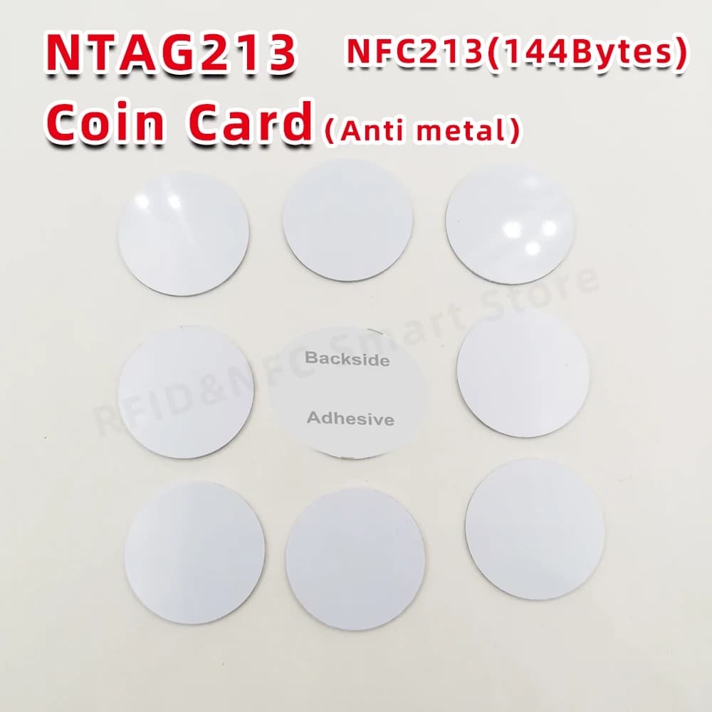 Scheda NFC a forma di moneta da 35 mm NT/AG 213 anti-metallo 13,56 MHz 144 byte, superficie metallica universale disponibile, tag RFID Nt/ag213 nfc