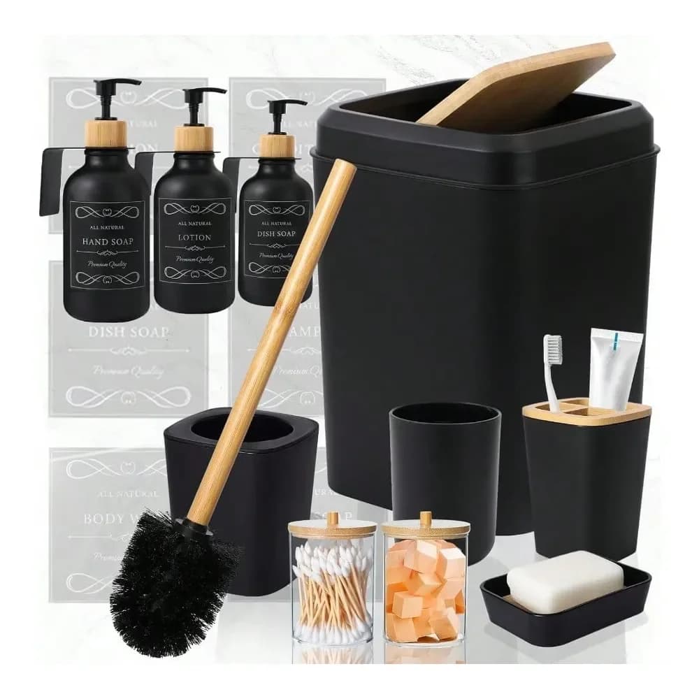 Organizzatore per Accessori da Bagno e Set di Accessori da Bagno in Legno da 19 Pezzi con Cestino e Spazzola per WC (3 Pezzi)