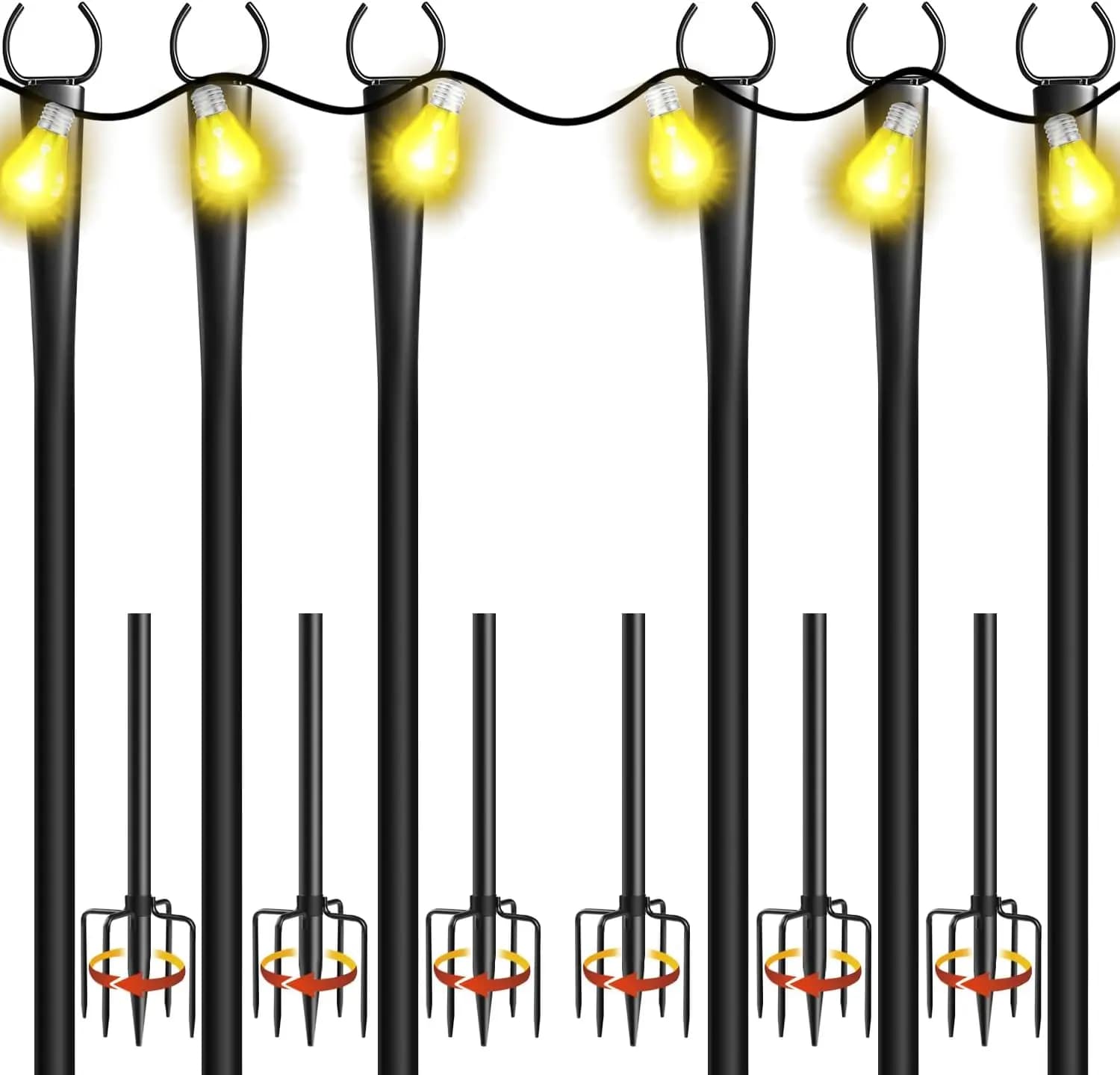 Set di 6 Pali per Luci da Esterno da 3 Metri con Forcelle in Metallo e Staffe per Recinzioni, Ideali per Giardino, Patio, Matrimoni, Cortile, Terrazza e Feste