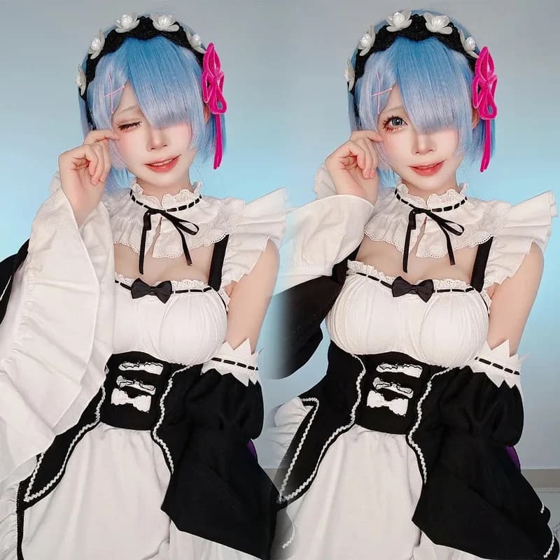 Re: Vita in un mondo diverso da Zero Anime Rem Costume cosplay Parrucca Lolita Cameriera Abito Nero Bianco Halloween Chri4;v'5,f;6.j;8'