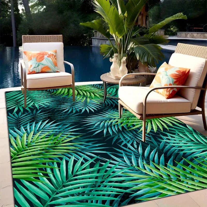 VIKAMA Tropical Palm Leaf Outdoor Area Rug Waterproof Non Slip Large Floor Mat Patio Balcony Deck Summer Tropical Home Decor Car