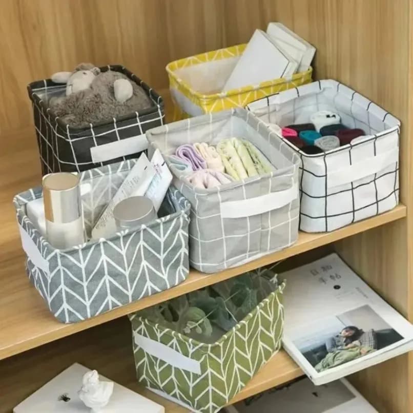Cesto portaoggetti pieghevole in tessuto con motivo a griglia 20×16×14 cm, contenitore organizer pieghevole con maniglia per casa, ufficio, scrivania, cassetto, armadio