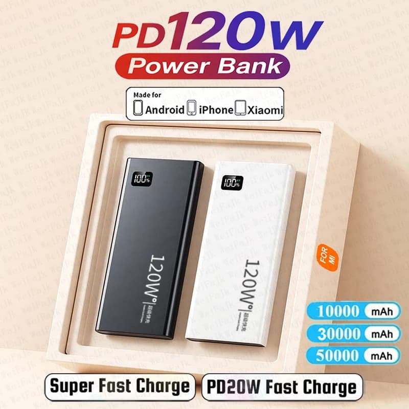 Original 120W Powerbank 50000mAh Mobile External Spare Battery Portable Charger Super Fast Charging For iPhone Xiaomi Power Bank