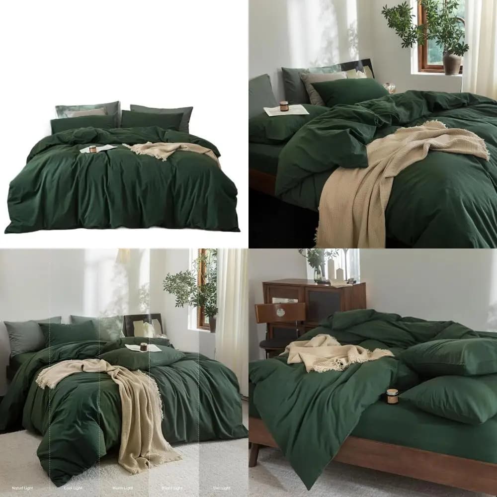 Set Copripiumino in Lino di Cotone Lavato 100%, Traspirante e Confortevole, Set Biancheria da Letto 3 Pezzi, Verde Tinta Unita, Matrimoniale/Full