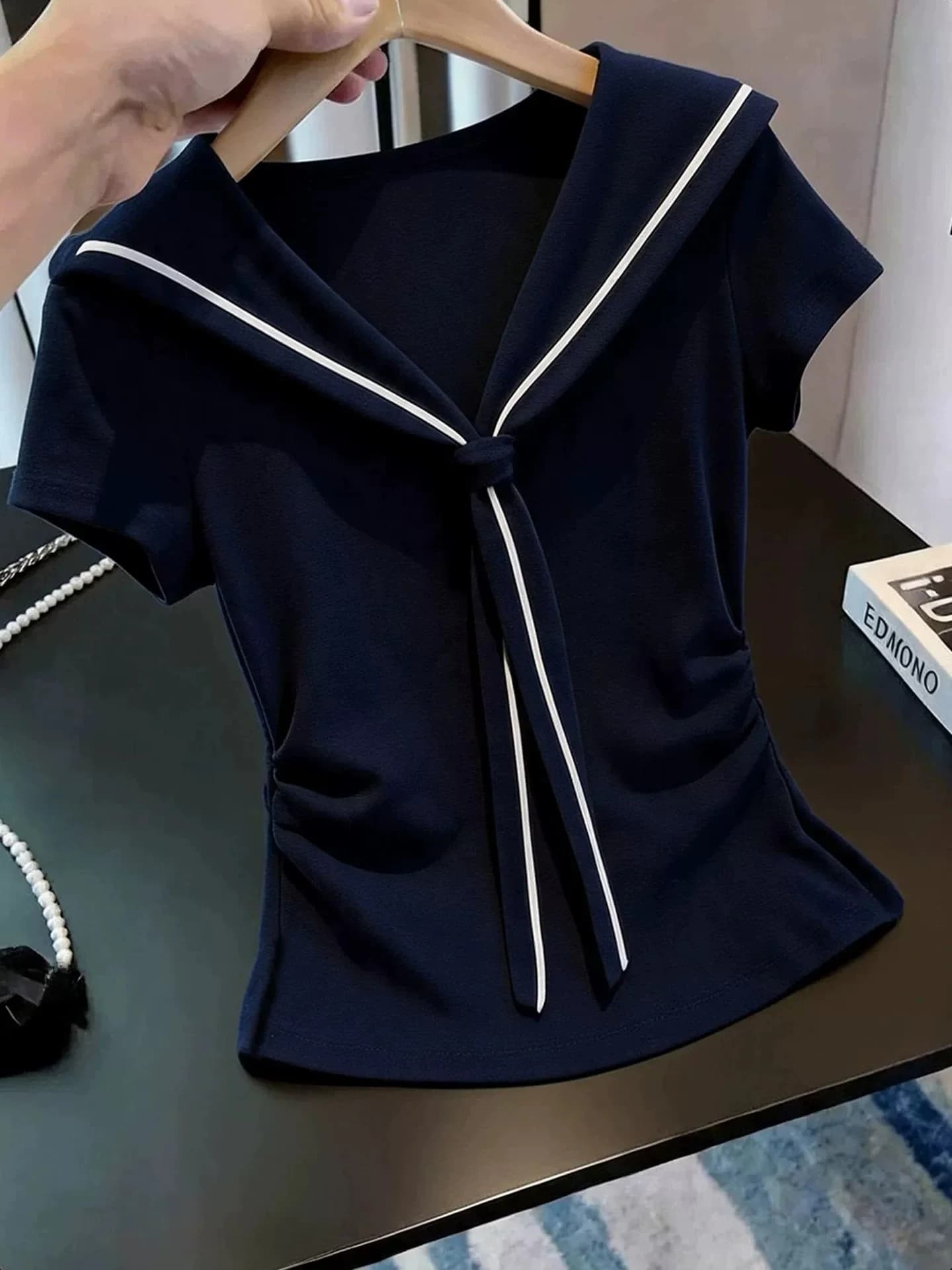 Slim Fit Short Sleeve T-Shirt Women's Summer Waist Cinched Naval Collar School Style Top Skin Friendly Breathable V-Neck Tee