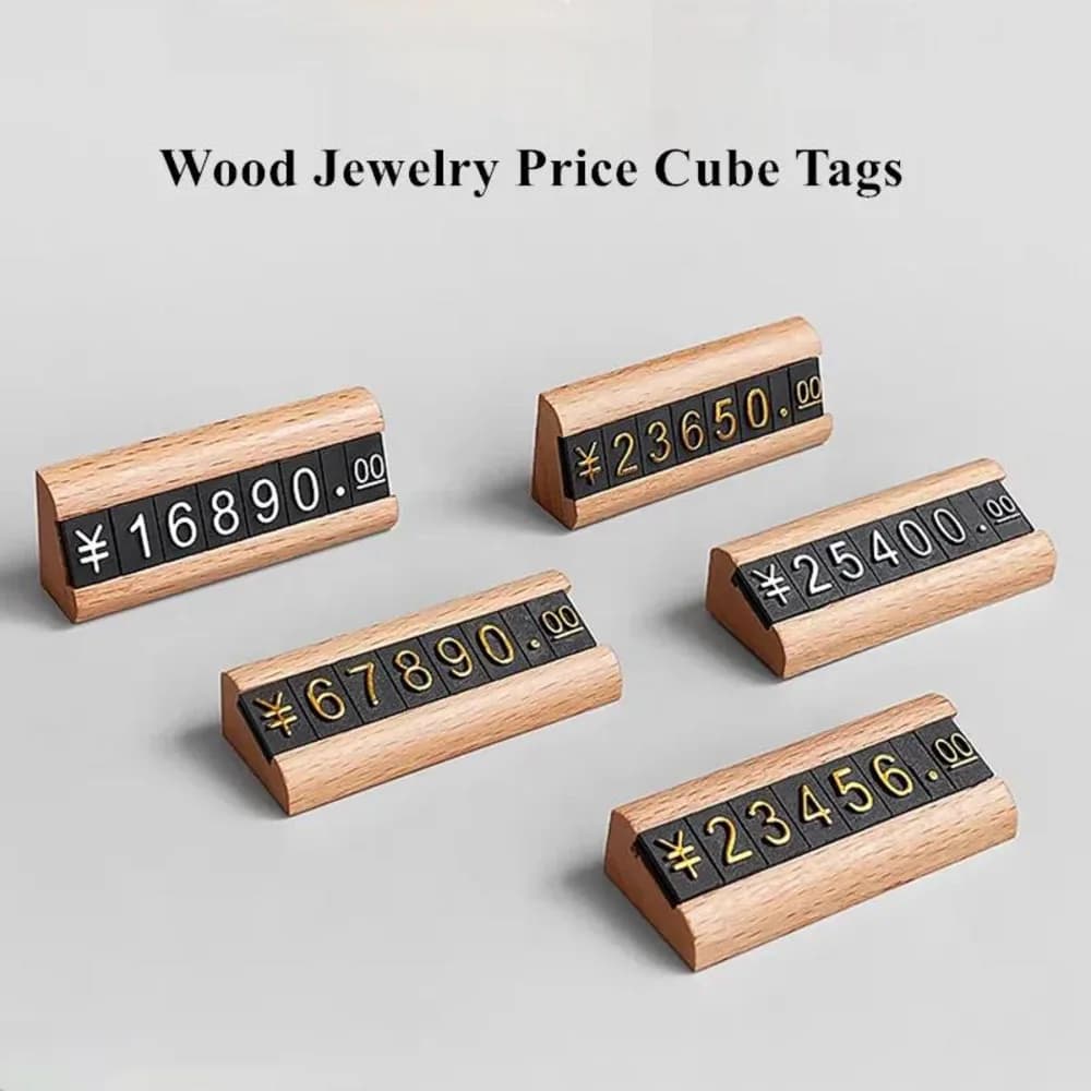5 pezzi Etichetta prezzo piccolo Carta di carta Porta cartello in legno Espositore Orologio gioielli Numero regolabile Etichette cubiche prezzo digitale