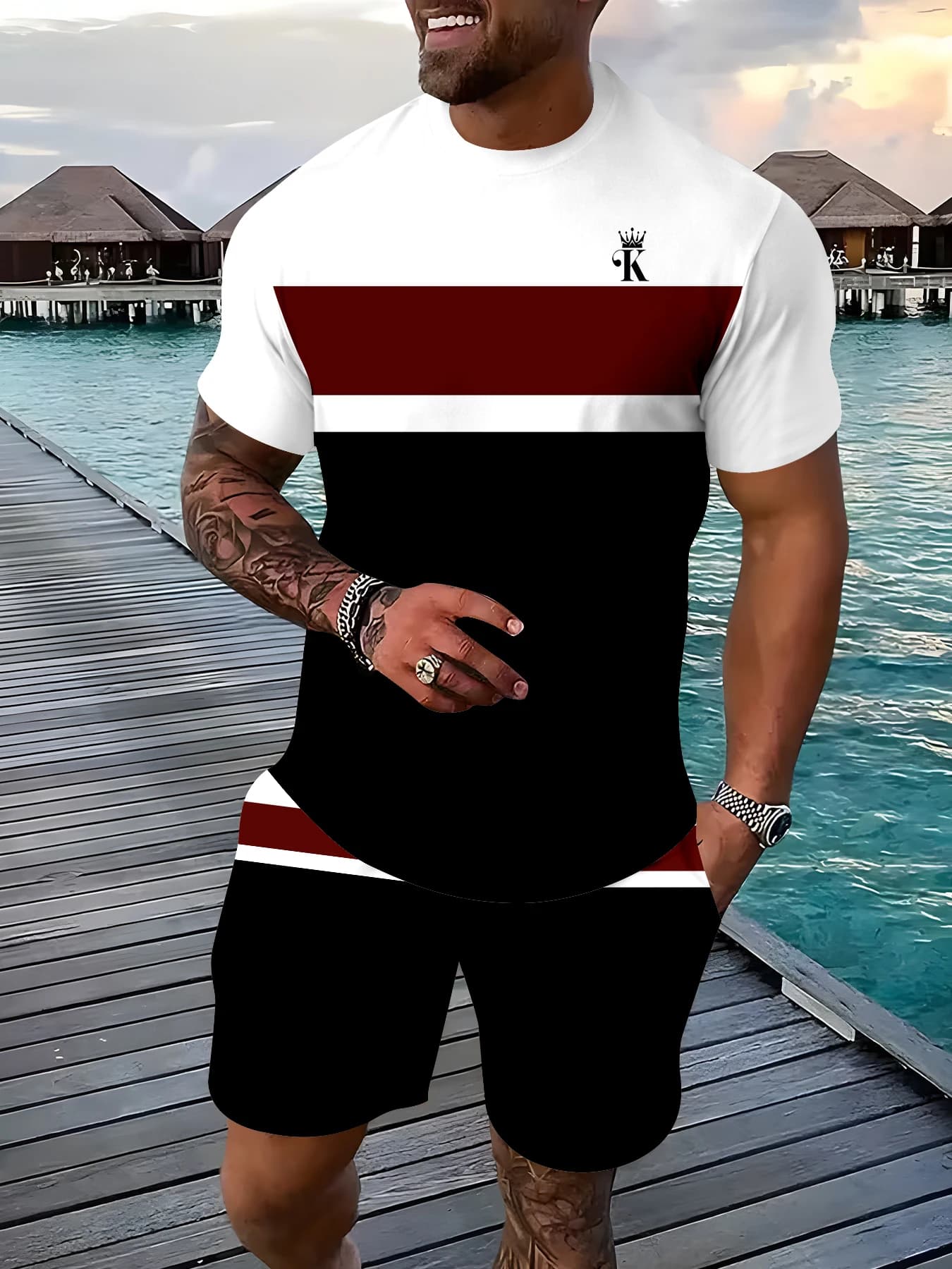 Men's Stripe Color Block Short Sleeve T-shirt & Shorts Set