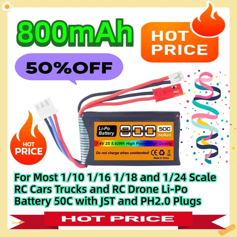 Per la maggior parte dei camion per auto RC in scala 1/10 1/16 1/18 e 1/24 e RC Drone Batteria Li-Po da 7,4 V 50C 800 mAh con spine JST e PH2.0