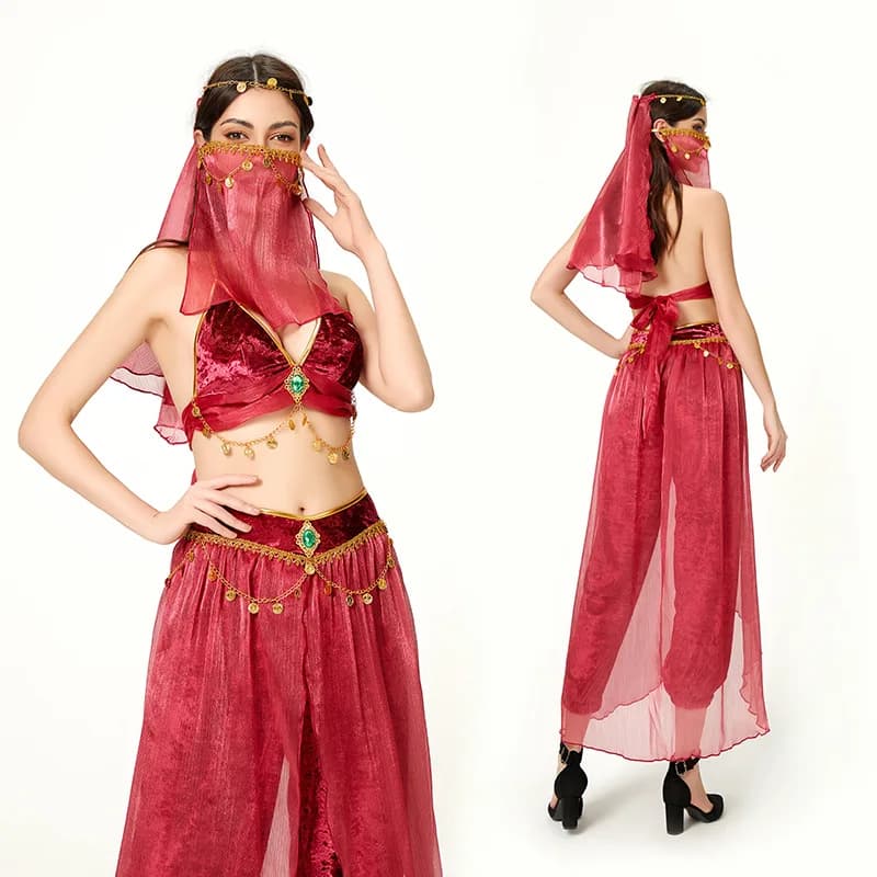 Costume di Halloween per adulti Puro e seducente danza del ventre Danza latina Stile esotico Catwoman Aladdin Jasmine Abito da principessa