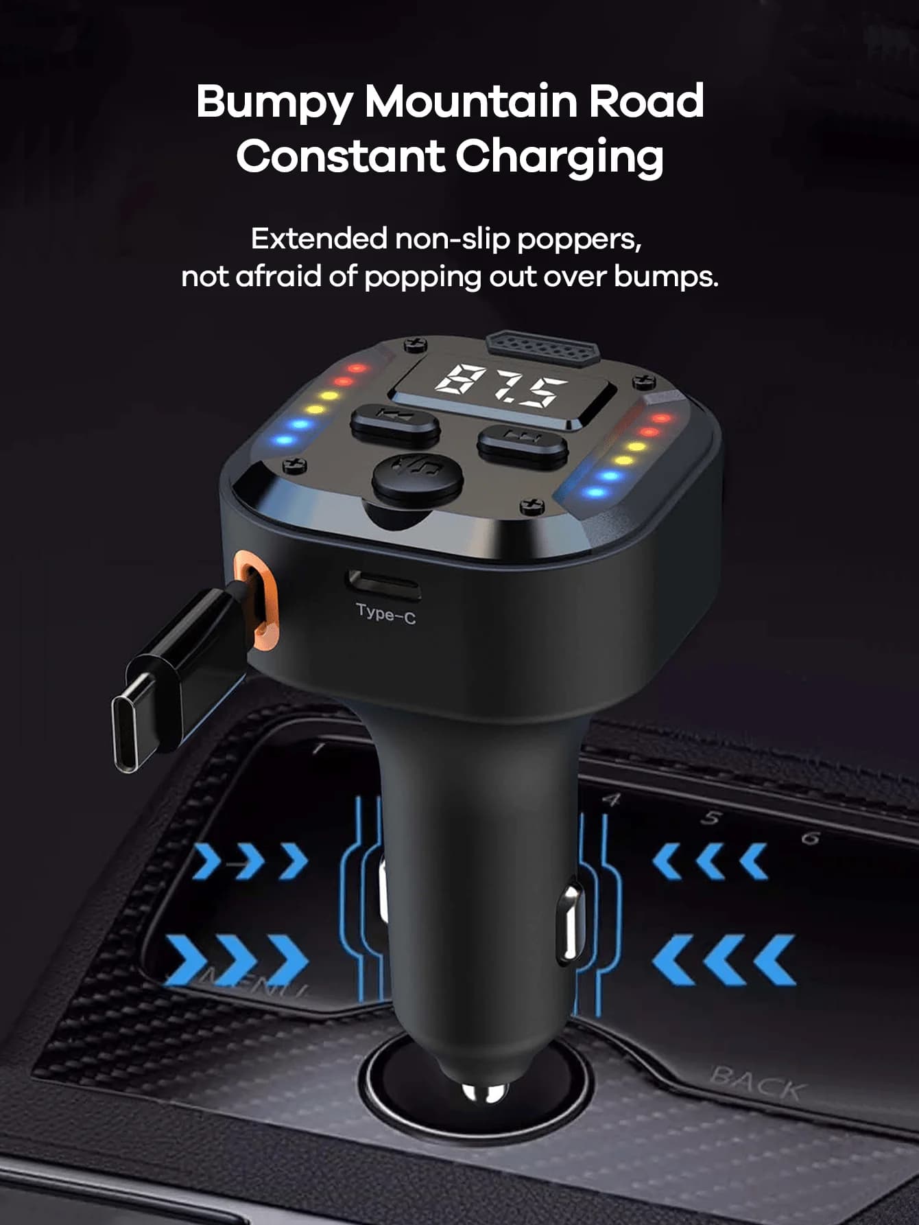 Adattatore Bluetooth USB C per Auto con Trasmettitore FM, Caricatore Rapido PD 30W, Chiamate in Vivavoce, Display LED
