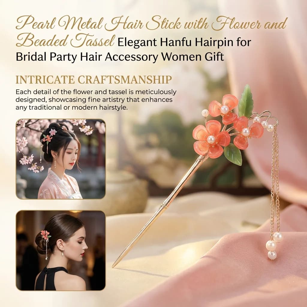 Fermaglio per Capelli in Metallo con Perle, Fiore e Nappa di Perline, Elegante Spilla Hanfu per Accessori da Sposa, Regalo per Donne