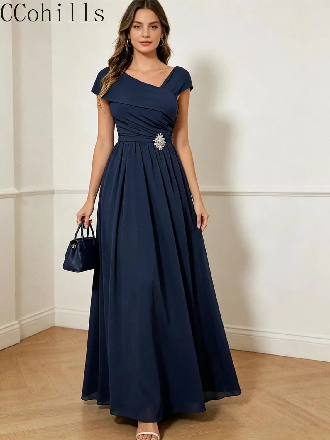 Long Chiffon Mother of The Bride Dresses with Bead Cape Sleeves Long Formal Evening