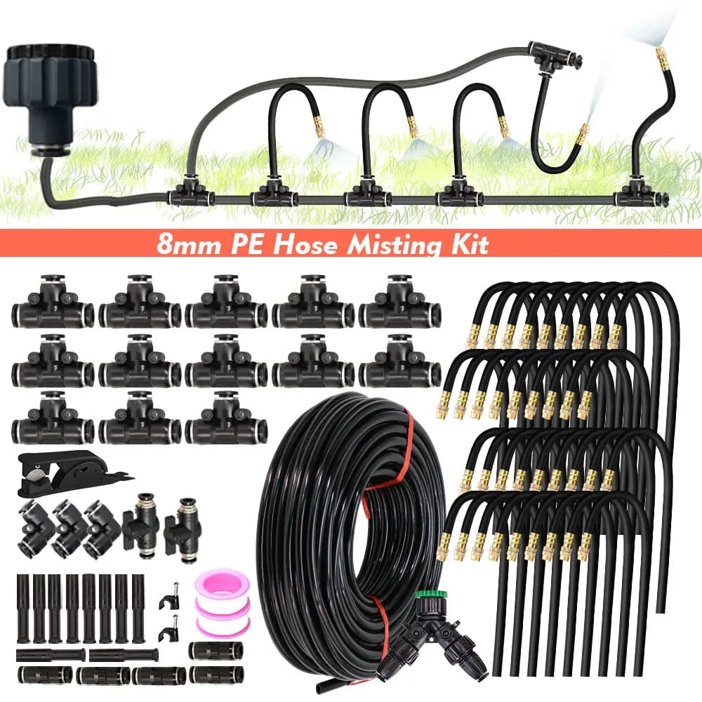 10M 20M nero OD-8mm PE tubo 20cm ugello in ottone Suppleness sistema di nebulizzazione Spray per giardino Gazebo piante Kit di raffreddamento nebulizzazione