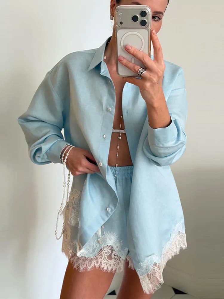 Elegante Completo da Ufficio per Donna, Camicia Casual con Inserti in Pizzo, Manica Lunga con Bottoni, Colletto a Risvolto, Pantaloncini Estivi, Abbigliamento da Strada