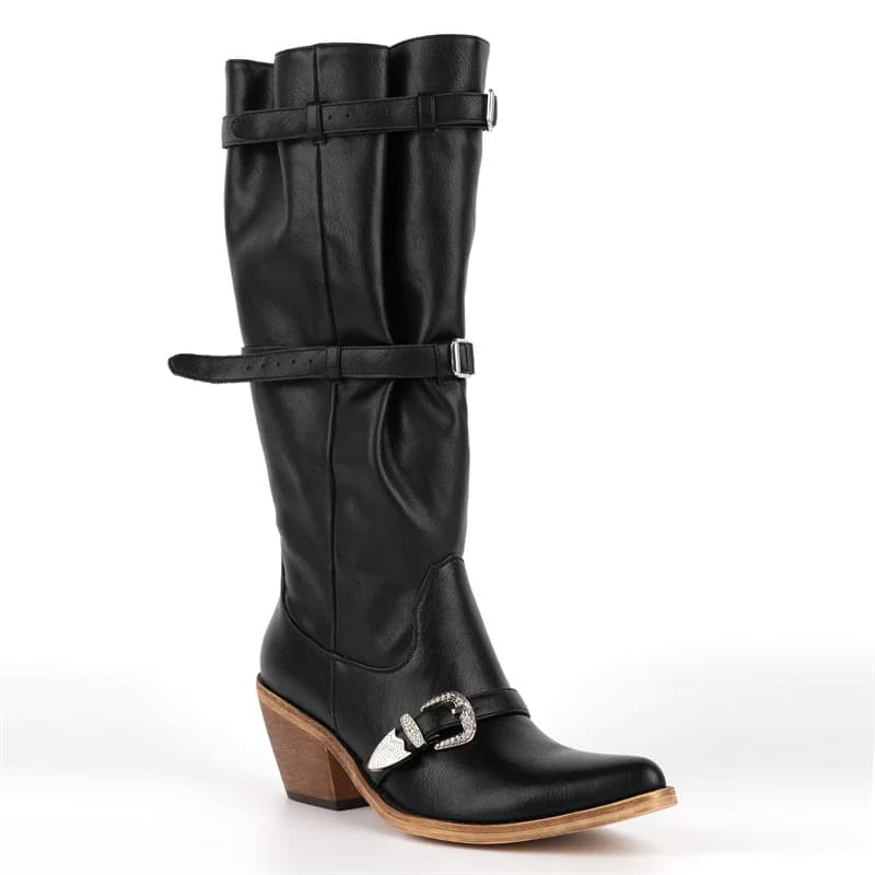 Onlymaker Pointed Toe Slouch Fold‑Over Knee High Western Boots Multi Metal Buckle Strap Block Heel Pull On Cowgirl Boots