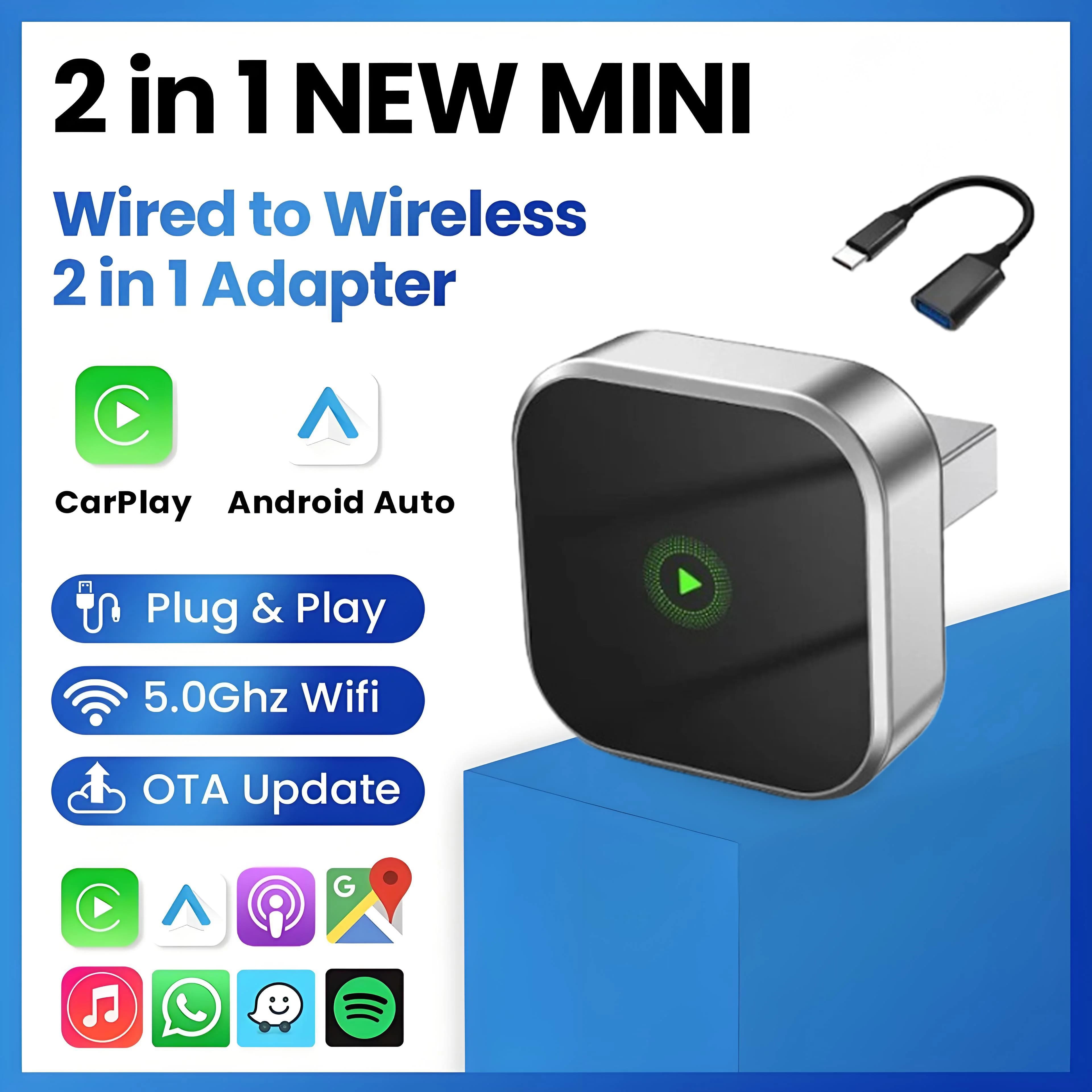 Carplay Wireless Adapter Android Auto 2in 1 Smart Dongle 2024 5G WIFI For iPhone Android Phone For Volvo Benz Mg Kia Chery VW