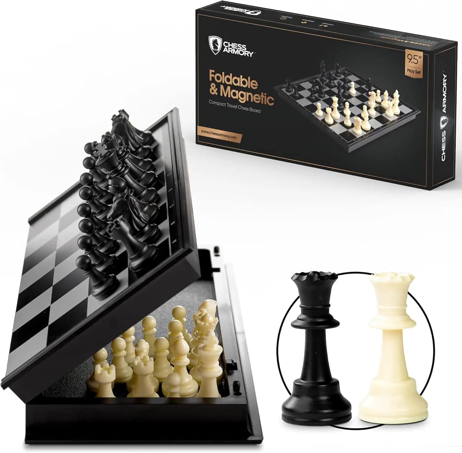Set di Scacchi Magnetico da Viaggio con Scacchiera Pieghevole da 9,5 Pollici, Vano Portaoggetti e 2 Regine Extra