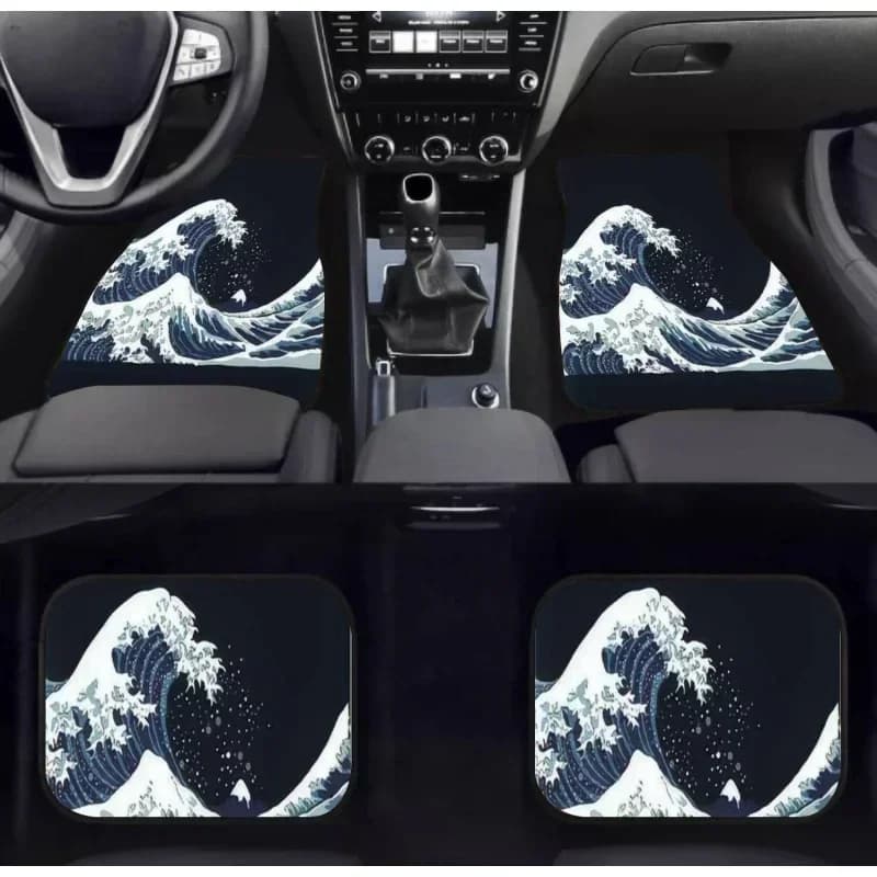 Tappetini per auto Wave Motivo giapponese Disegnato a mano in Giappone Onde di mare su un tappeto scuro Tappetini per auto, decorazioni per interni auto