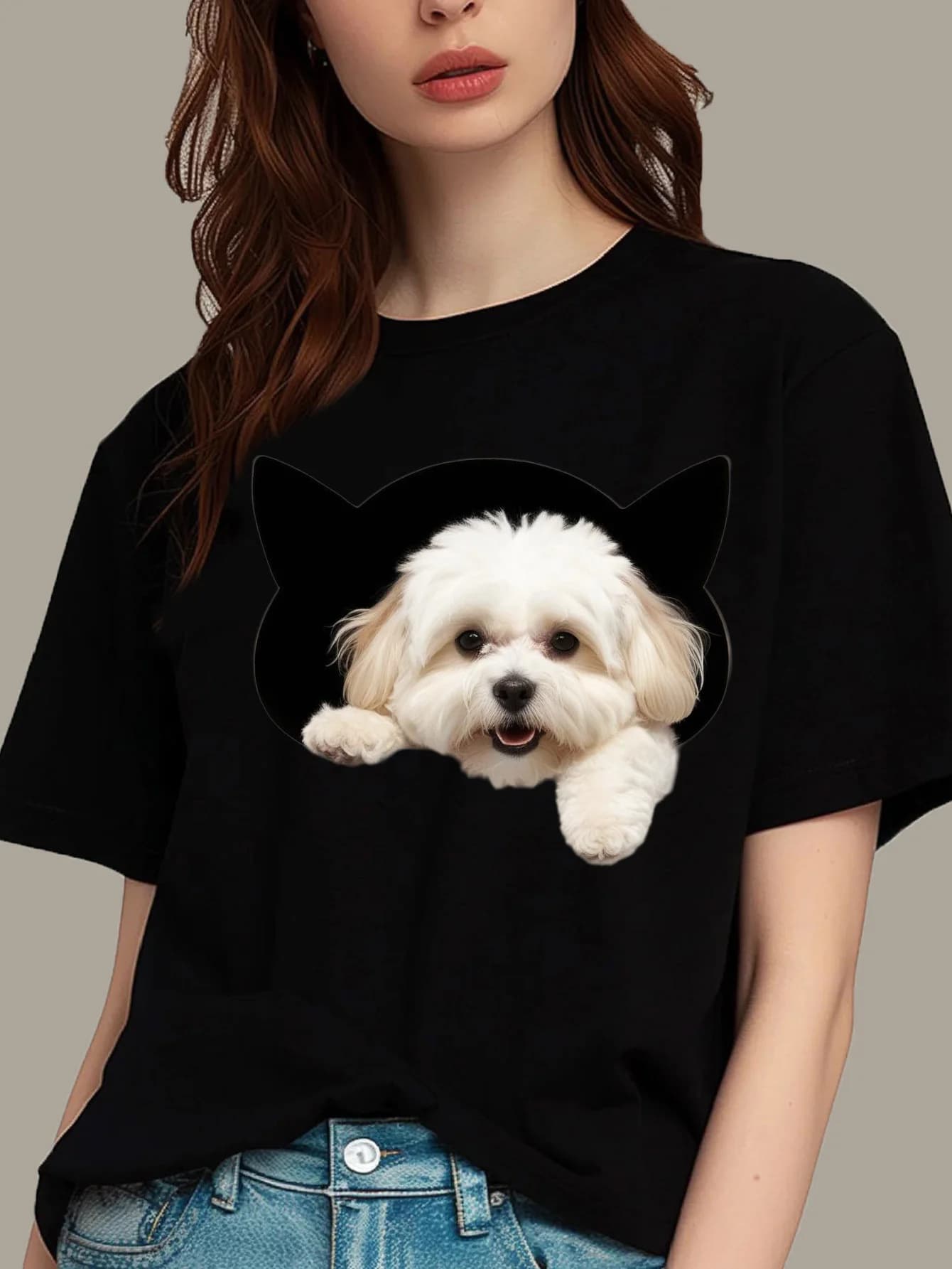T-shirt girocollo divertente e allegra con stampa di cani, manica corta comoda in puro cotone, top casual da donna primavera estate